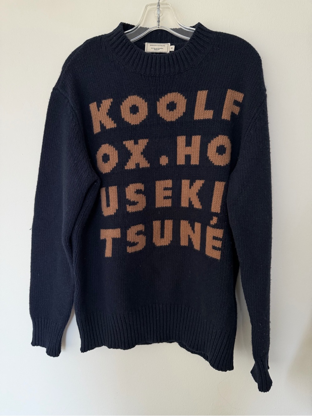 MAISON KITSUNE  Wool Blend Logo Letter Crewneck Sweater Navy Brown Size M - Picture 2 of 6